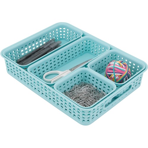 Advantus Plastic Weave Bin Set - 2.5" Height x 10.1" Width13.4" Length - Desktop - Blue - Plastic - 5 / Pack