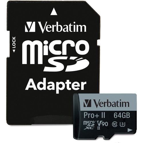 Verbatim 64GB Pro II Plus 1900X microSDXC Memory Card with Adapter, UHS-II V90 U3 Class 10 - 295 MB/s Read - 255 MB/s Write - 1900x Memory Speed - Lif
