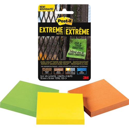 Post-it® Extreme Notes - 3" x 3" - Square - 45 Sheets per Pad - Green, Yellow, Orange - Paper - 3 / Pack - Adhesive Note Pads - MMMEXT333TRYMXC