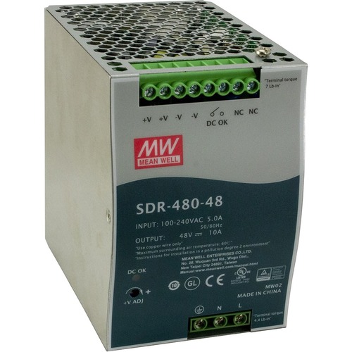 Transition Networks Hardened DIN Rail Mounted Power Supply - DIN Rail - 120 V AC, 230 V AC Input - 48 V DC @ 5 A Output - 480 W - 94% Efficiency - TAA Compliant