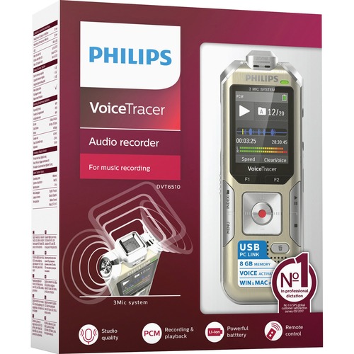 Philips Voice Tracer DVT6510 Digital Voice Recorder - 8 GBmicroSD Supported - 1.8" LCD - MP3, WAV - Headphone - 2280 HourspeaceRecording Time - Portab