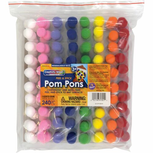 Creativity Street Peel-n-Stick Pom Pons - Project - 11.75"Height x 1.50"Width x 9.25"Length - 240 / Pack - White, Pink, Purple, Blue, Yellow, Orange, Green, Red - Plush