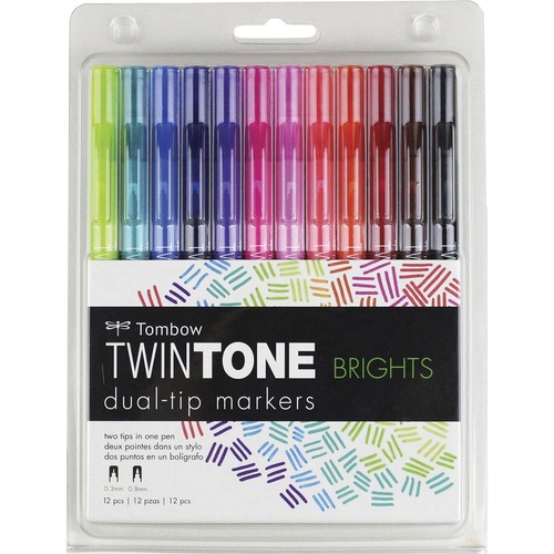 Tombow TwinTone Brights Dual-tip Marker Set - Extra Fine Marker Point - 0.8 mm, 0.3 mm Marker Point Size - Bullet Marker Point StyleWater Based Ink - 12 / Pack