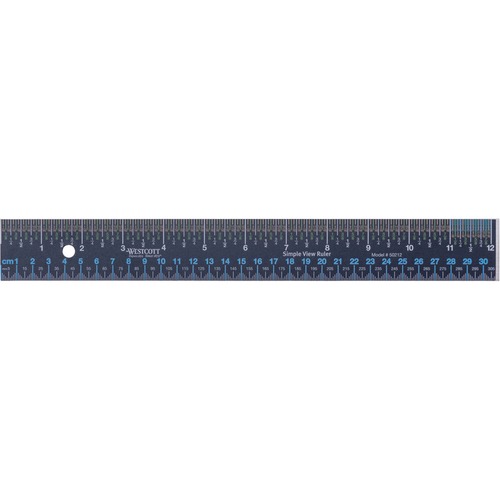 Westcott Simple View 12" Steel Ruler - 12" Length - 1/4, 1/8, 1/16, 1/32 Graduations - Metric, Imperial Measuring System - Stainless Steel - 1 Each - Black