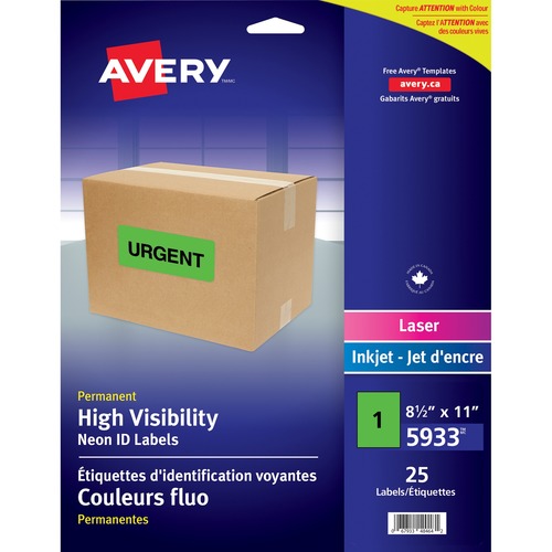 Avery® High Visibility Neon ID Labels - 8 1/2" x 11" Length - Rectangle - Inkjet, Laser - Neon Green - Polyester - 25 / Sheet - 25 / Cartridge - 25 / Pack = AVE05933