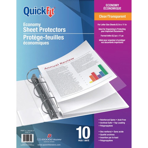 QuickFit Clear Economy Sheet Protectors - 8.5" Width x 11" Length - For Letter 8 1/2" x 11" Sheet - 3 x Holes - Rectangular - Clear - Polypropylene - 10 / Pack - Sheet Protectors - RGO52850