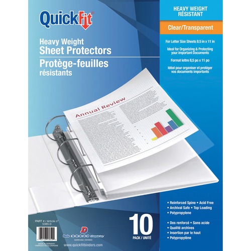 QuickFit Letter Heavy Weight Sheet Protectors - 8.5" Width x 11" Length - For Letter 8 1/2" x 11" Sheet - 3 x Holes - Rectangular - Clear - Polypropylene - 10 / Pack