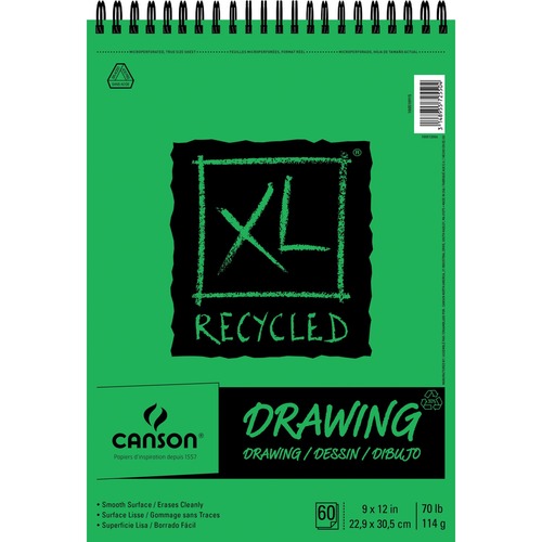 Canson XL Recycled Drawing - 60 Sheets - Twin Wirebound - 70 lb Basis Weight - 140 g/m² Grammage - 9" x 12" - White Paper - Micro Perforated, Removable, Smooth Surface, Acid-free Paper, Erasable - Recycled - 1Each