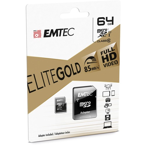 EMTEC Gold+ 64 GB Class 10/UHS-I (U1) microSDXC - 1 Pack - 85 MB/s Read - 21 MB/s Write - 1 Year Warranty - Memory Cards/Sticks - EMTM64GXC10GP