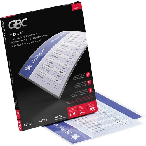 GBC EZUse Thermal Letter-size 3m Laminating Pouch - Sheet Size Supported: Letter 8.50" (215.90 mm) Width x 11" (279.40 mm) Length - Laminating Pouch/Sheet Size: 3 mil Thickness - Glossy, Crystal - Jam-free, Fade Resistant, Discoloration Resistant, Alignme = GBC20051