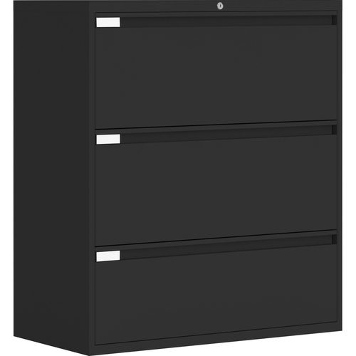 Global 9300 Series Full Pull Lateral File - 3-Drawer - 18" x 36" x 40.5" - 3 x Drawer(s) for File - Letter, Legal, A4 - Lateral - Pull Handle, Durable, Hanging Bar, Interlocking, Anti-tip, Leveling Glide, Lockable, Ball-bearing Suspension, Welded - Black - Lateral Files - GLB9336P3F1HB