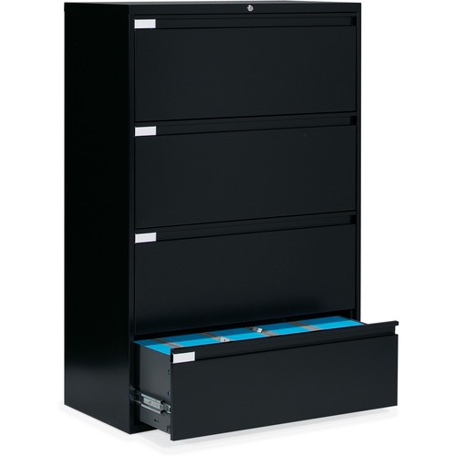 Global 9300 Series Full Pull Lateral File - 4-Drawer - 18" x 36" x 54" - 4 x Drawer(s) for File - Letter, Legal, A4 - Lateral - Pull Handle, Durable, Hanging Bar, Interlocking, Anti-tip, Leveling Glide, Lockable, Ball-bearing Suspension, Welded - Black = GLB9336P4F1HB