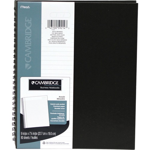 Cambridge Notebook - 80 Sheets - 160 Pages - Twin Wirebound - Ruled Margin - Hard Cover, Perforated, Heavyweight Sheet, Storage Pocket, Textured - Recycled - 1 Each - Memo / Subject Notebooks - MEA59214