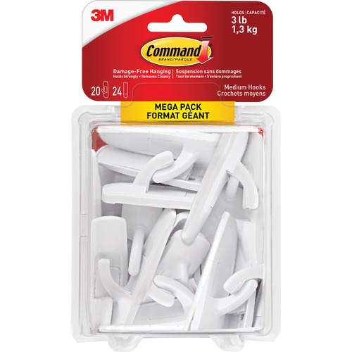 Command Medium Utility Hook Mega Pack - 1.36 kg Capacity - 3" (76.20 mm) Length - for Indoor, Painted Surface, Wood, Tile - White - 1 / Pack