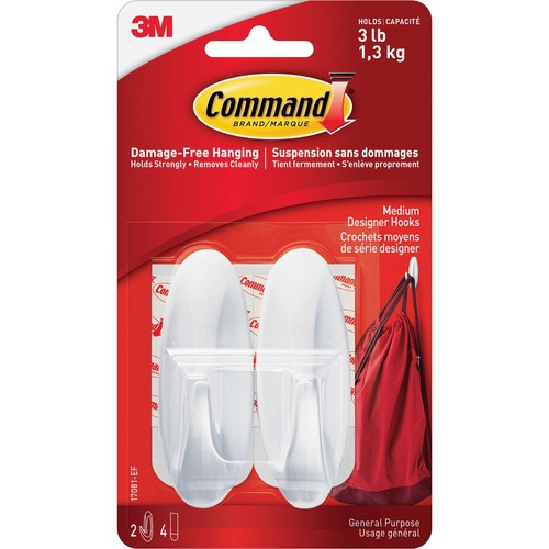 Command Medium Designer Hook - 1.36 kg Capacity - for Indoor, Painted Surface, Wood, Tile - White - 1 / Pack