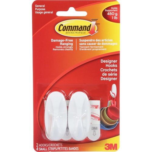 Command Small Designer Hook - 453.6 g Capacity - for Indoor, Painted Surface, Wood, Tile - White - 1 / Pack - Hooks & Hangers - MMM17082EF