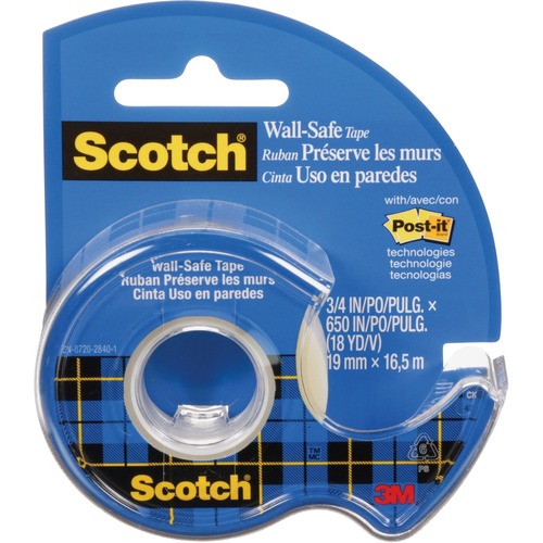 Scotch Wall-Safe Tape - 18 yd (16.5 m) Length x 0.75" (19 mm) Width - Dispenser Included - Handheld Dispenser  - Transparent, Clear