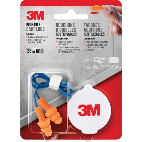 3M Corded Reusable Earplugs - Recommended for: Ear - Reusable, Corded, Comfortable, Washable, Noise Reduction - Noise Protection - Orange - 1 / Pack