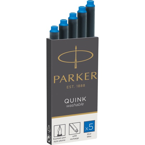 Parker Quink Blue Washable Ink Cartridge Refill - Blue Ink - Washable, Quick-drying Ink, Smudge Resistant - 5 / Pack - Pen Refills - PAR1950208