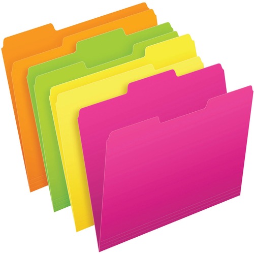 Pendaflex Glow 1/2 Tab Cut Letter Recycled Top Tab File Folder - 8 1/2" x 11" - Neon Green, Neon Orange, Neon Pink, Neon Yellow - 24 / Pack = PFX57100