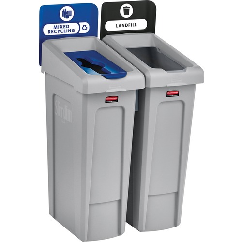 Rubbermaid Commercial Slim Jim Recycling Station 2 Stream Landfill/Mixed Recycling - Hinged Lid - Durable, Heavy Duty - Resin - Black, Blue - 1 Each