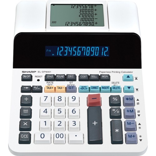 Sharp ELDP9001 Paperless Printing Calculator - Dual Power - 12 Digits - LCD - AC/DC Supply Powered - 2.6" x 7.6" x 10" - White - Desktop - 1 Each = SHRELDP9001