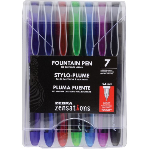 Zebra Fountain Pen - Fine Pen Point - 0.6 mm Pen Point Size - Black, Blue, Red, Teal, Purple, Turquoise, Pink - Stainless Steel Tip - 7 / Pack - Fine Writing Pens & Pencils - ZEB04007