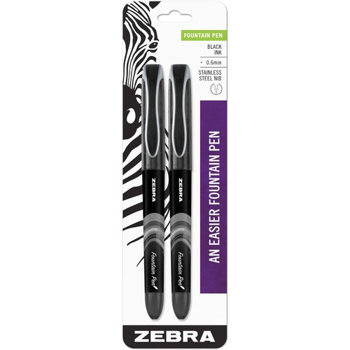 Zebra Pen Zensations Fountain Pens - Fine Pen Point - 0.6 mm Pen Point Size - Black, Blue, Red, Green, Turquoise, Purple, Pink Water Based Ink - Stainless Steel Tip - 2 / Pack