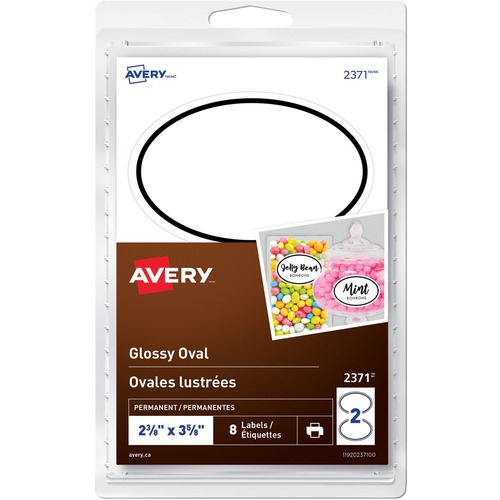Avery® Glossy Oval Labels - 2 3/8" Height x 3 5/8" Width - Permanent Adhesive - Oval - Inkjet, Laser - Glossy White - 2 / Sheet - 4 Total Sheets - 8 / Pack - Multipurpose Labels - AVE2371