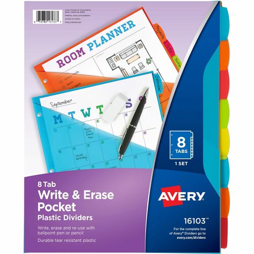 Avery Write & Erase 8-Tab Plastic Dividers, Pockets, Brights (16103) - Multicolor - Plastic - 2 - Hole-punched, Write-on Label, Durable, Reusable, Tear Resistant