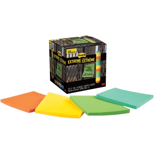 Post-it® Extreme Notes - 3" x 3" - Square - 45 Sheets per Pad - Green, Yellow, Orange - Paper - 12 / Pack