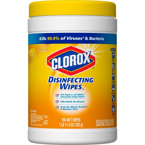 Clorox Disinfecting Wipes, Bleach-Free Cleaning Wipes - Ready-To-Use Wipe - Crisp Lemon Scent - 105 / Canister - 4 / Carton - White