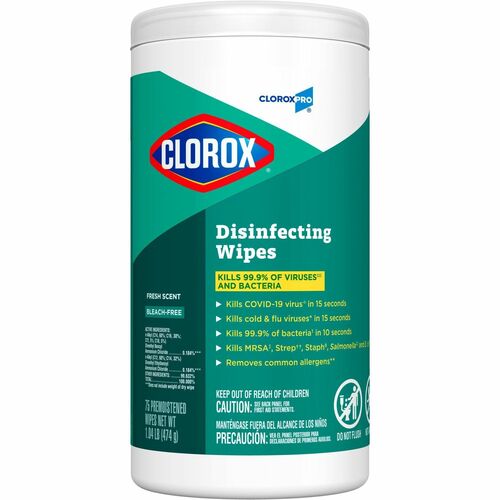 CloroxPro™ Disinfecting Wipes - Ready-To-Use - Fresh Scent - 75 / Canister - 240 / Bundle - Easy Tear, Pre-moistened, Bleach-free, Phosphorous-free, Easy to Use, Antibacterial - Green