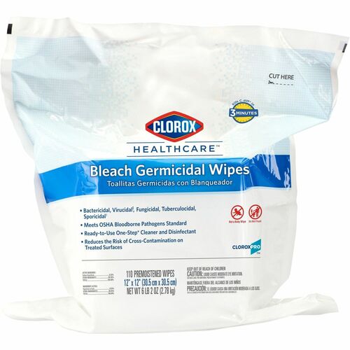 Clorox Healthcare Bleach Germicidal Wipes Refill - Ready-To-Use Wipe12" Width x 12" Length - 110 / Pack - 100 / Bundle - White