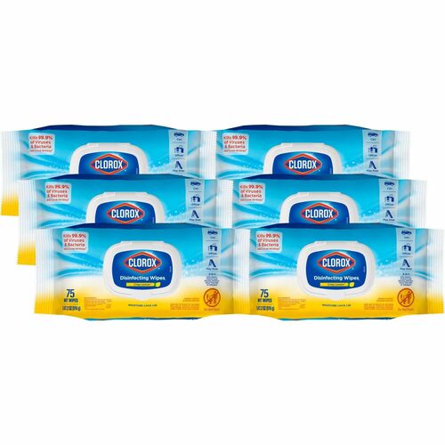 Clorox Disinfecting Cleaning Wipes - Crisp Lemon Scent - 75 / Flex Pack - 6 / Carton - Bleach-free, Antibacterial - White