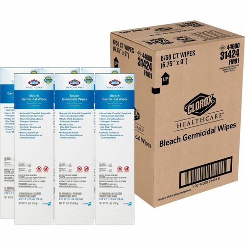 Clorox Healthcare Bleach Germicidal Wipes - Ready-To-Use Wipe - 50 / Packet - 6 / Carton - White