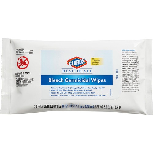 Clorox Healthcare Bleach Germicidal Wipes - Ready-To-Use Wipe - 20 / Packet - 960 / Bundle - White