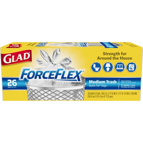 Glad ForceFlex 8-Gallon Quick-Tie Trash Bags - Medium Size - 8 gal - 20" Width x 20.25" Length x 0.69 mil (18 Micron) Thickness - White - 26520/Pallet