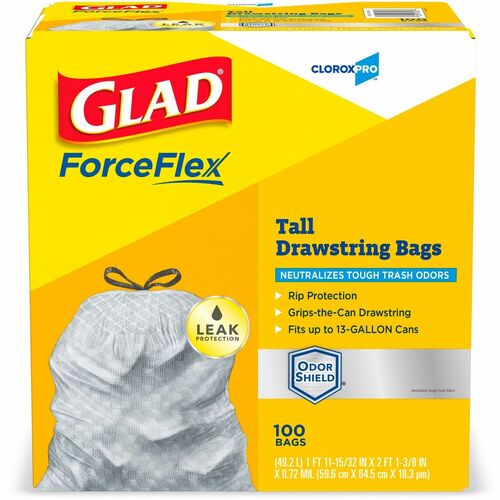 Glad ForceFlexPlus Tall Kitchen Drawstring CloroxPro Trash Bags - 13 gal - 0.90 mil (23 Micron) Thickness - White - 7800/Bundle - 100 Per Box - Kitche