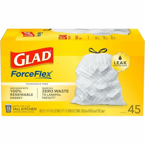 Glad ForceFlex Tall Kitchen Drawstring Trash Bags - 13 gal - 27" Width x 24" Length x 1 mil (25 Micron) Thickness - White - Plastic - 17550/Pallet - 4