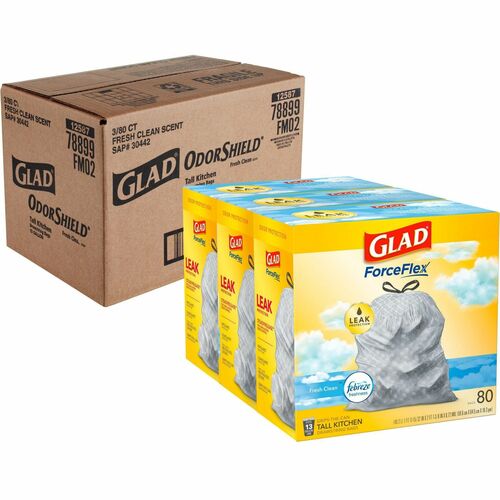 Glad ForceFlex Tall Kitchen Drawstring Trash Bags - 13 gal - 0.78 mil (20 Micron) Thickness - White - 240/Carton - 80 Per Box - Kitchen, Home, Office,