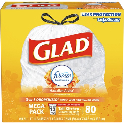Glad Aloha Scent 13-gal Kitchen Trash Bags - 13 gal - 24.02" Width x 27.36" Length x 0.78 mil (20 Micron) Thickness - White - 19200/Pallet - Kitchen, 