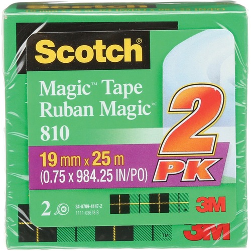 Scotch Magic Invisible Tape - 27.3 yd (25 m) Length x 0.75" (19 mm) Width - 1" Core - 2 / Pack - Transparent