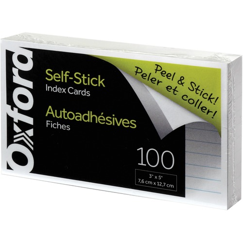 Oxford Self-Stick Index Cards, 3" X 5" , Ruled, White, 100 Per Pack - 100 Sheets - 200 Pages - 5" x 3" - White Paper - Self-stick, Repositionable, Adhesive Backing, Residue-free, Heavyweight, Curl Resistant, Durable - 100 / Pack