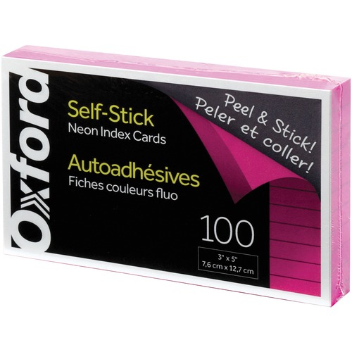 Oxford Self-Stick Index Cards, 3" X 5" , Ruled, Neon, 100 Per Pack - 100 Sheets - 200 Pages - 5" x 3" - Neon Pink Paper - Self-stick, Repositionable, Adhesive Backing, Residue-free, Heavyweight, Curl Resistant, Durable - 100 / Pack