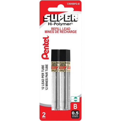 Pentel Super Hi-Polymer Pencil Refil - 0.5 mmFine Point - B - Break Resistant, Wear Resistant, Strong - 12 / Tube
