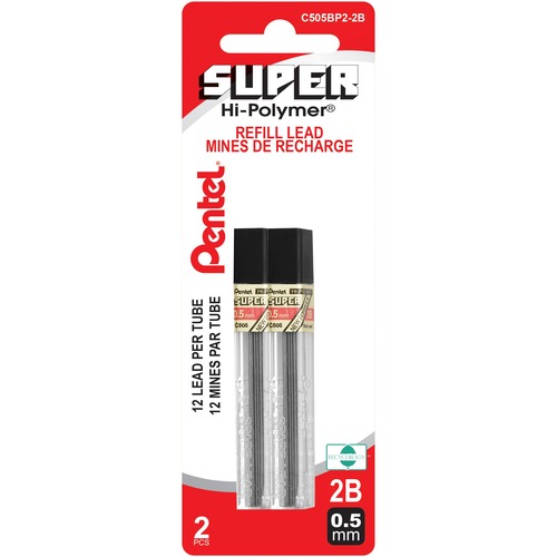 Pentel Super Hi-Polymer Pencil Refil - 0.5 mmFine Point - 2B - Break Resistant, Wear Resistant, Strong - 12 / Tube