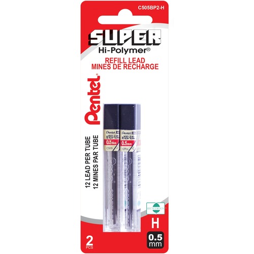 Pentel Super Hi-Polymer Pencil Refil - 0.5 mmFine Point - H - Break Resistant, Wear Resistant, Strong - 12 / Tube