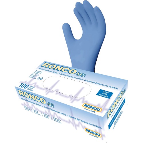 Ronco NE2 Nitrile Examination Glove (4 mil) - Small Size - For Right/Left Hand - Nitrile - Blue - Powder-free, Flexible, Comfortable, Chemical Resistant, Solvent Resistant, Textured Grip, Fatigue-free, Latex-free - For Medical, Healthcare Working, Industr