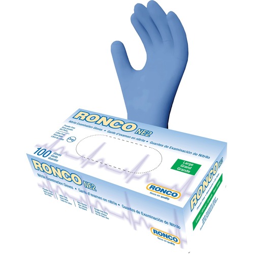 Ronco NE2 Nitrile Examination Glove (4 mil) - Large Size - For Right/Left Hand - Nitrile - Blue - Powder-free, Flexible, Comfortable, Chemical Resistant, Solvent Resistant, Textured Grip, Fatigue-free, Latex-free - For Medical, Healthcare Working, Industr